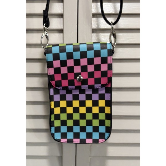 Crossbody Phone Holder Multi Colored Check Long Adj Strap Snap Close Clear Back‎ - Picture 1 of 7